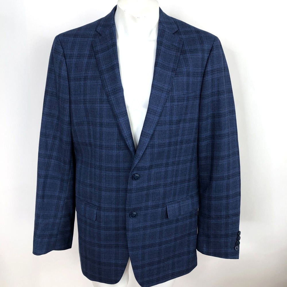 Calvin Klein Men's 100% Wool Button Suit Sport Coat Jacket Plaid Blue